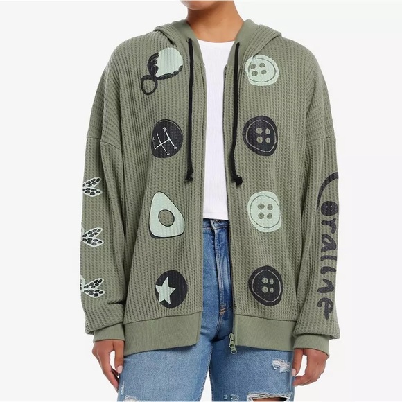 Coraline Buttons Girls Oversized Waffle Knit‎ Hoodie Hot Topic - Picture 1 of 5